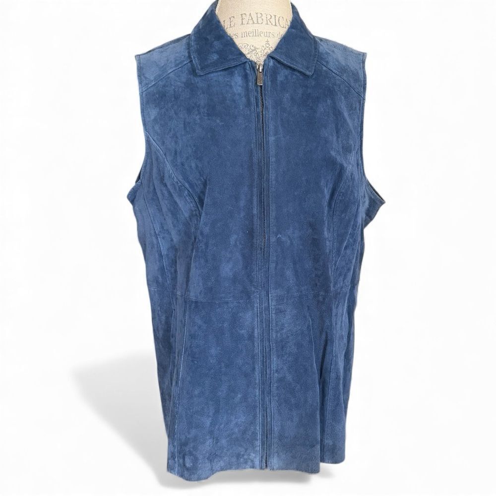 Vintage Dennis Basso Leather Suede Zip Up Vest Blue Size XL